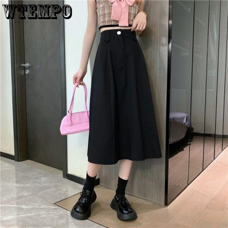 

Женская простая однотонная юбка средней длины, весна-лето, трапециевидная юбка с высокой талией, тонкий дизайн, ниша, эластичная талия, юбка-зонтик L чёрный