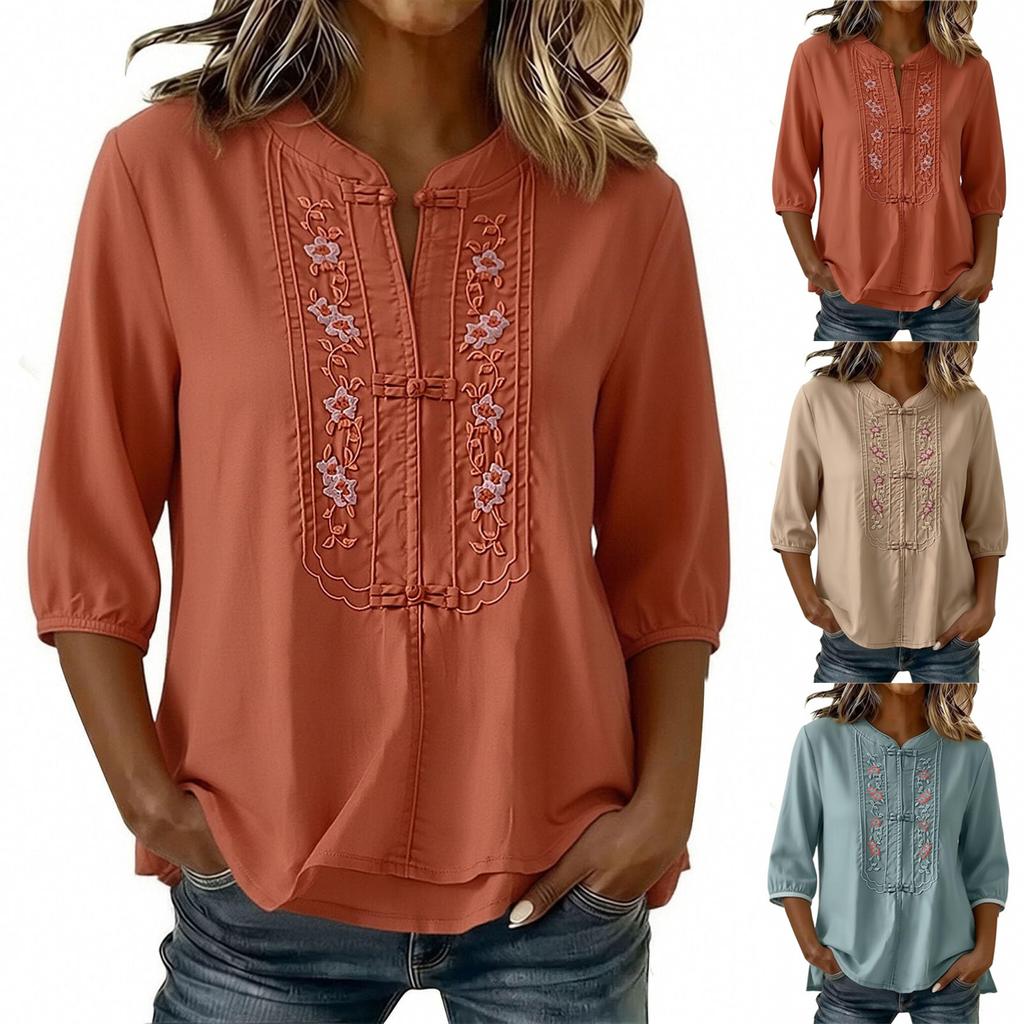 Women's Summer Fashionable Round Neck Five Quarter Sleeve Cotton And Linen Shirt With Flower Embroidery Button Top