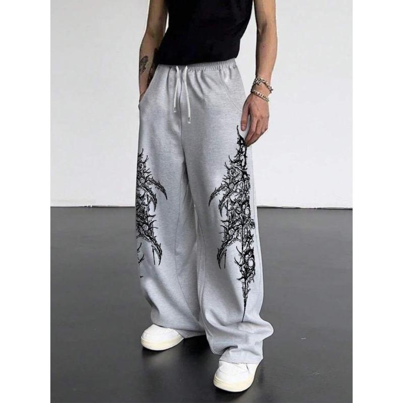 Dark Gothic Print Loose Slim Fit Drawstring Sports Pants, Unisex Wide Leg Sweatpants