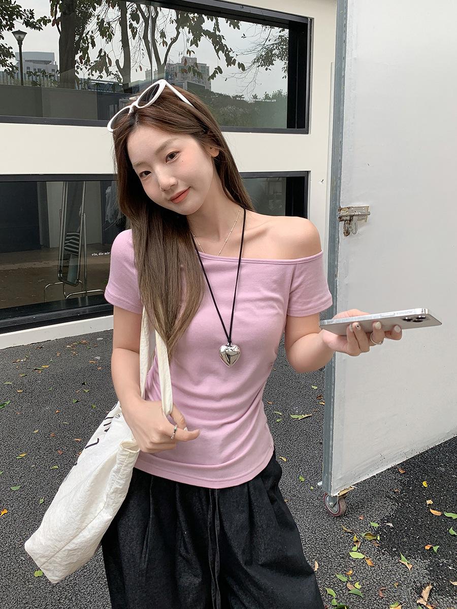 

Pure desire diagonal neck off-the-shoulder pleated short-sleeved T-shirt women s summer new slim-fitting, thin waist design top S
