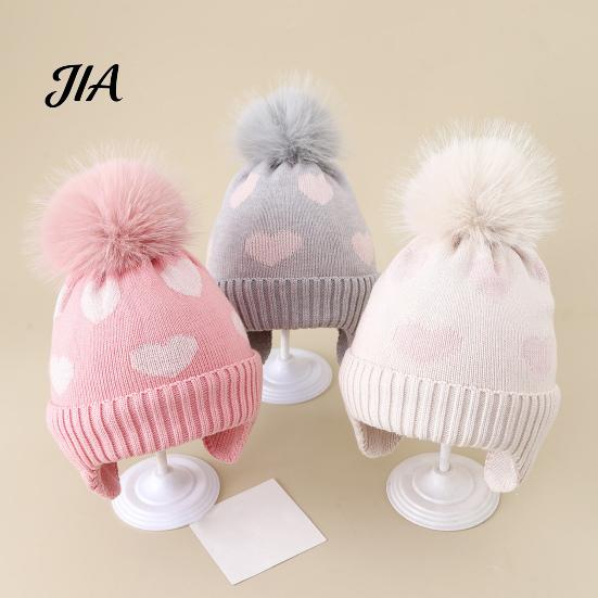Cute Pom Knit Hat Kids Winter Hat, Warm Soft Pompom Cozy Gift for Children Heart Pattern, Earflap Boys Girls Toddlers Breathable