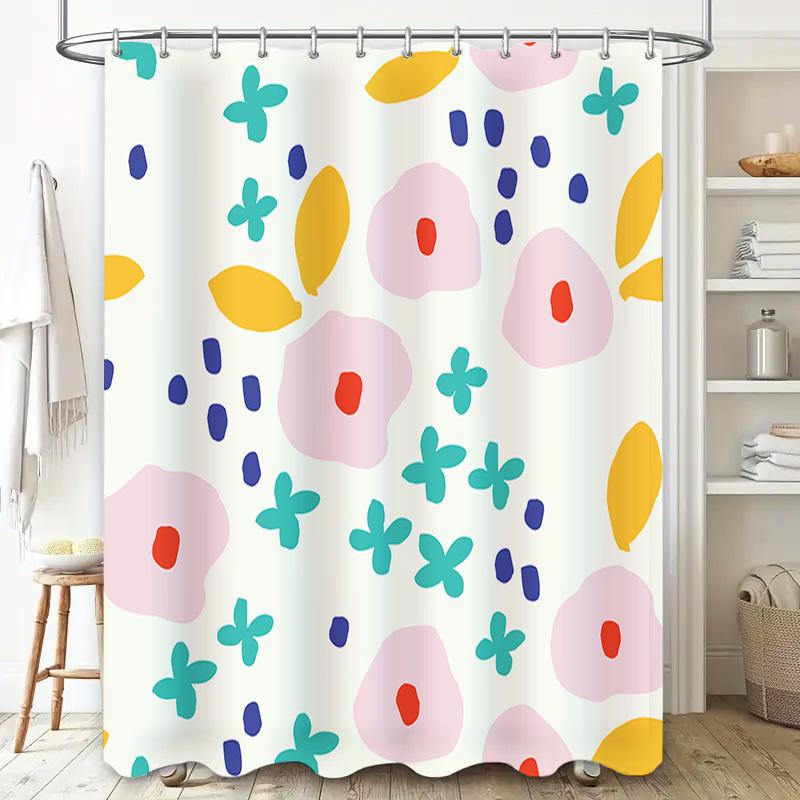 Colorful Fluffy Shower Curtain with Lemon Leaves Flowers Waterproof Decor for Bathrooms (White Background)