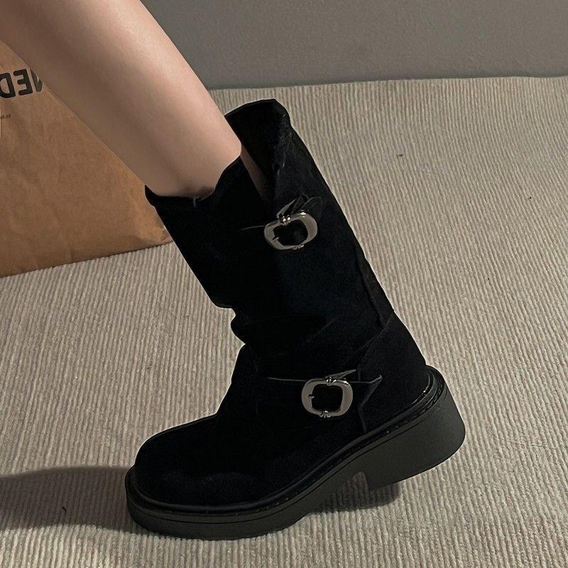 Thick-soled Martin Boots Women's 2025 Autumn New Retro Mid-tube Western Stacking Boots Belt Buckle Metal Locomotive Short Boots