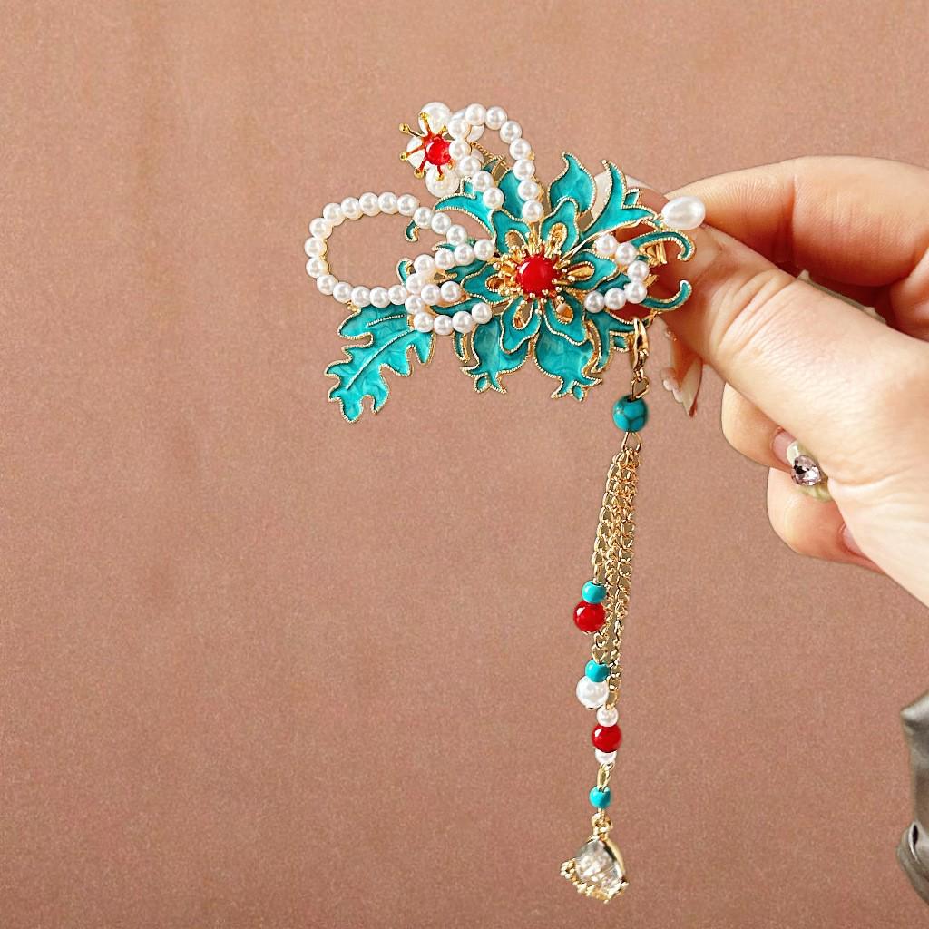 Elegant Blue Cloud Pearl Hairpin with Tassel
