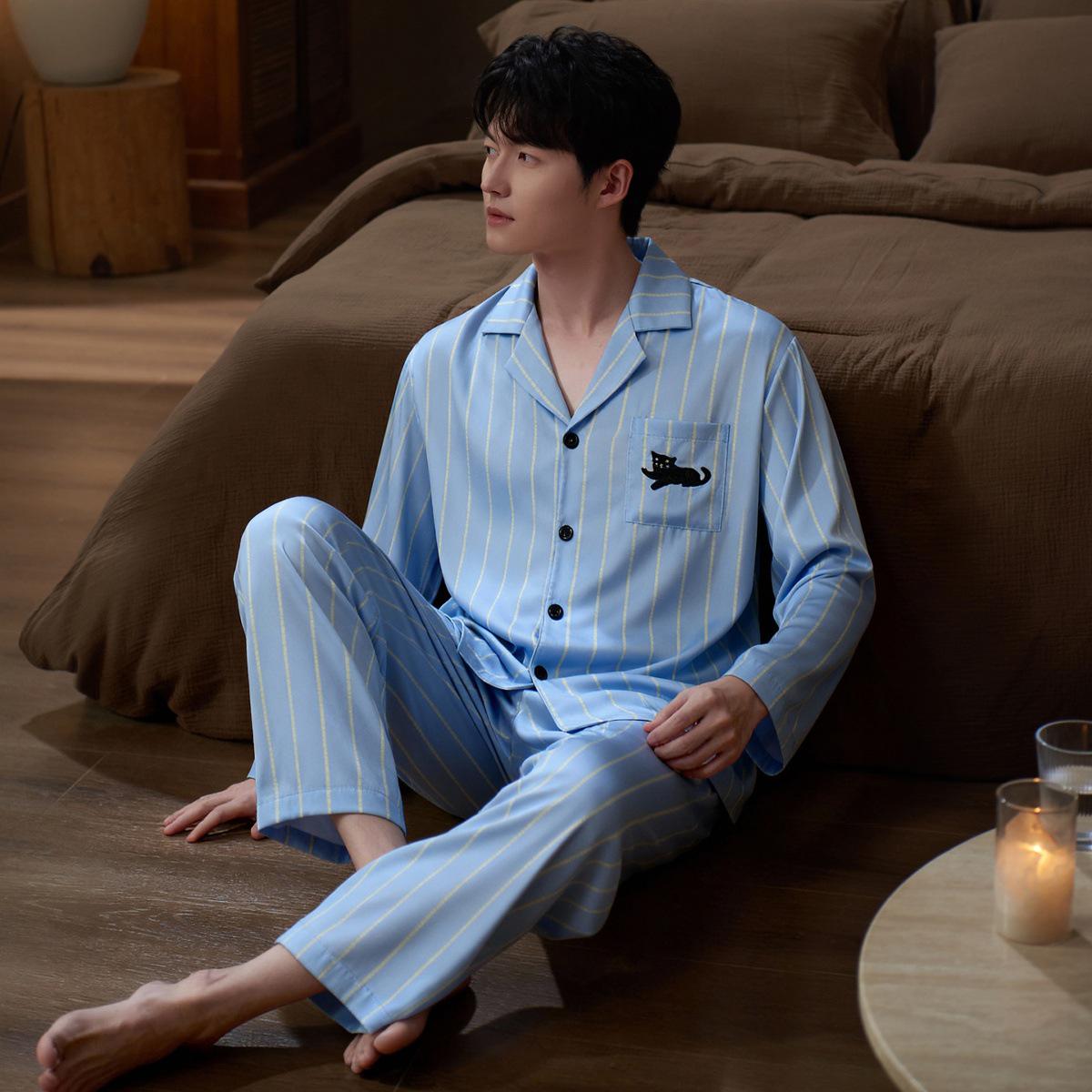 

Ice Silk Yellow Striped Unisex Pajamas - Long Sleeve, Spring & Autumn, Indoor/Outdoor Wear XXL