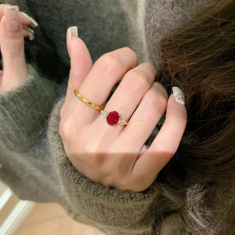 Classic French Vintage Style Simulated Ruby Ring Gold Plated Diamond Wedding Band for Women Festive Red Jewelry