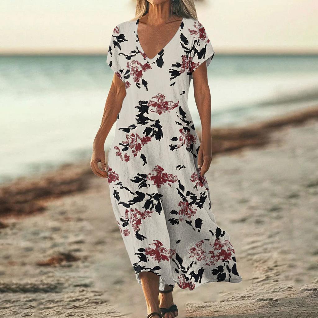 Fashion Women's Summer V-Neck Short Sleeve Floral Print Beach Dress