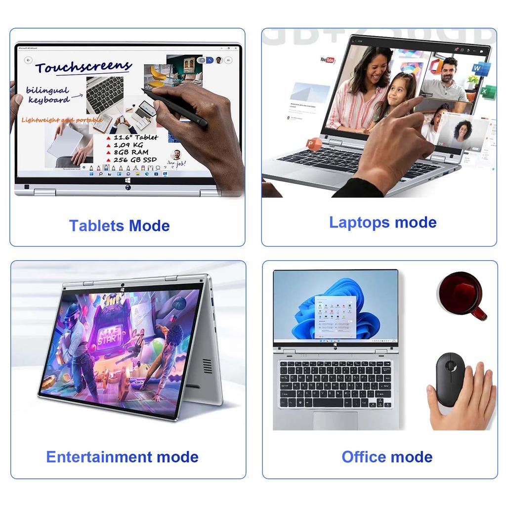 Touchscreen Laptop HDTOSNER 11.6" , Intel Processor, 8GB RAM, 256GB SSD, Windows Pro, Silver, For Work and Study Laptop