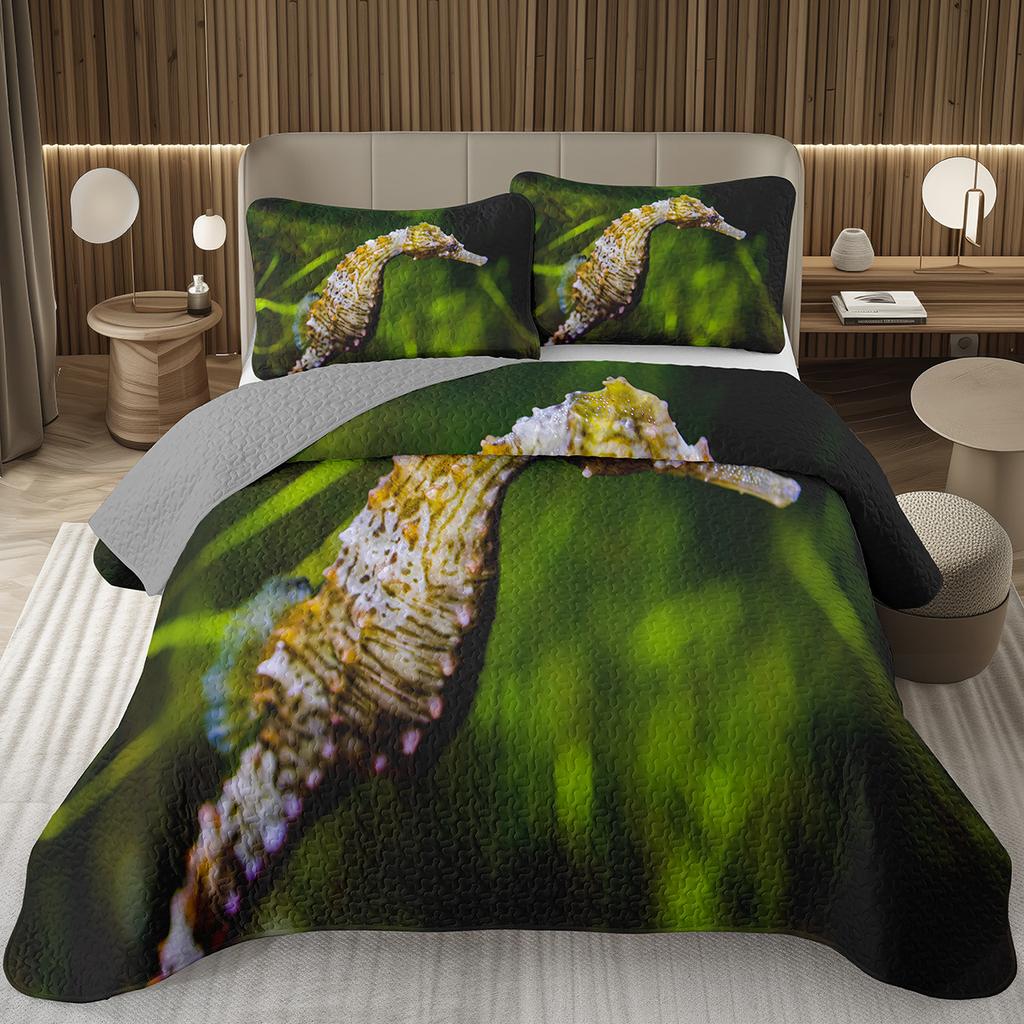 Comforter Seahorse Queen Size 3D Seahorse Printed Bedding Set Ocean Animal Quilted Marine Mediterranean Style Bed
