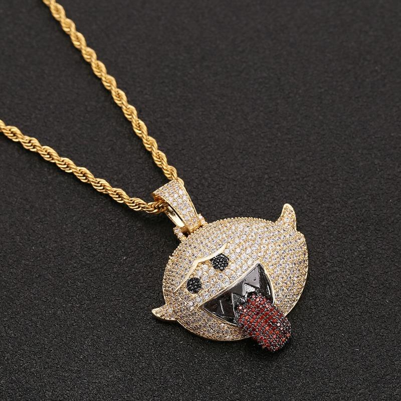 European and American Hip-hop Style Funny Face Tongue Sticking Pendant, Copper Inlaid with Zircon, Micro Inlaid with Diamonds, Trendy Hip-hop Necklace