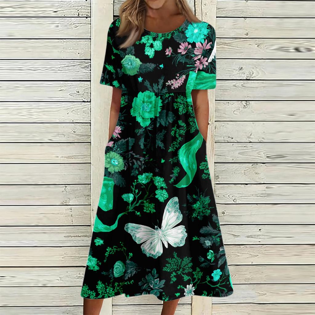 Women Casual Halloween Print Dress Short Sleeve Round Neck Pocket Midi Dress Loose Fit Comfortable Everyday Wear