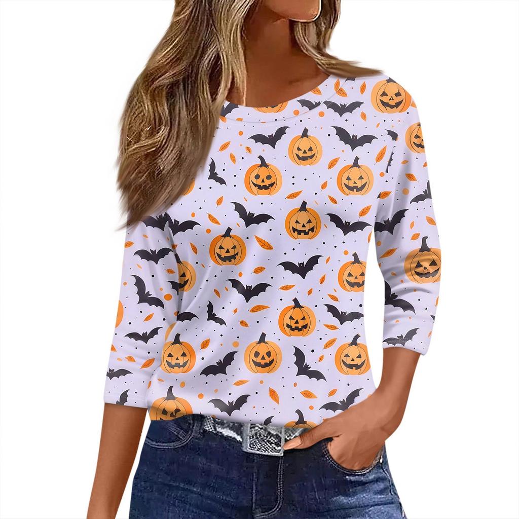 Women's T Shirt Halloween Print 3/4 Sleeve Daily Fashion Basic Round Neck Regular Top