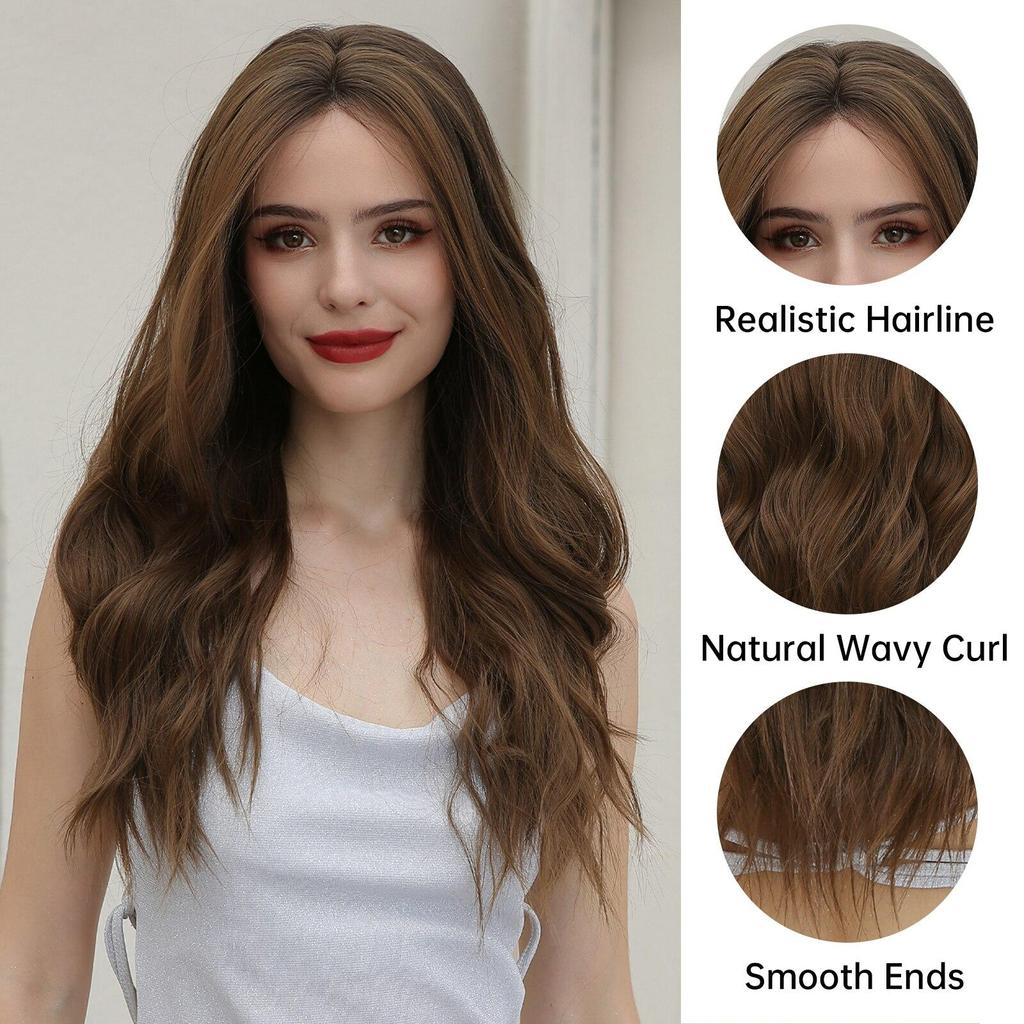 LOUIS FERRE Long Wavy 13*4 Lace Front Synthetic Wigs for Women Dark Brown Middle Part Wigs Daily Cosplay Heat Resistant Hair