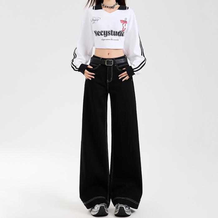 

2024 Autumn/Winter Women s Wide-Leg Stretch Jeans: American-Style Casual Floor-Length Pants XL