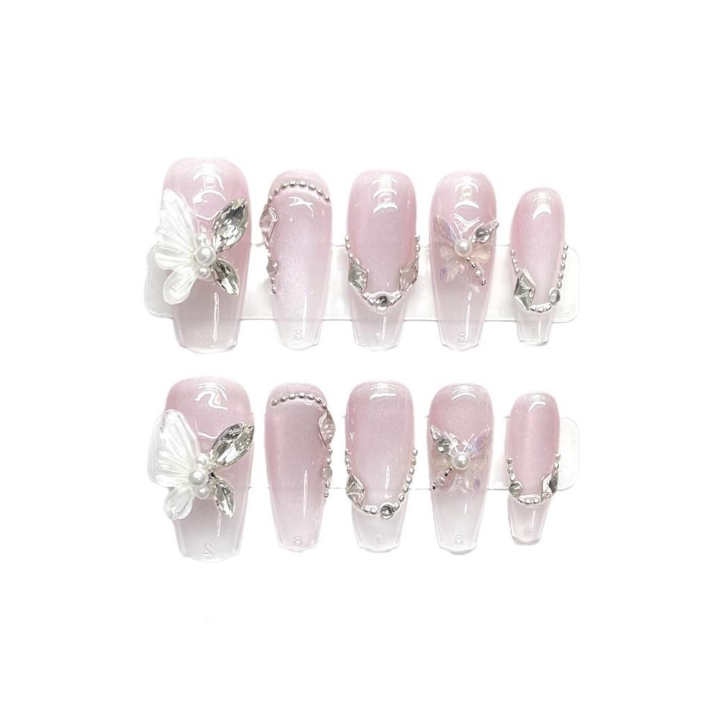 HANDMADE Press On Artificial Nail Medium Coffin Shape Pink Transparent Gradient Jade Butterfly Floating Phototherapy Nails Fake Nails with Toolkit