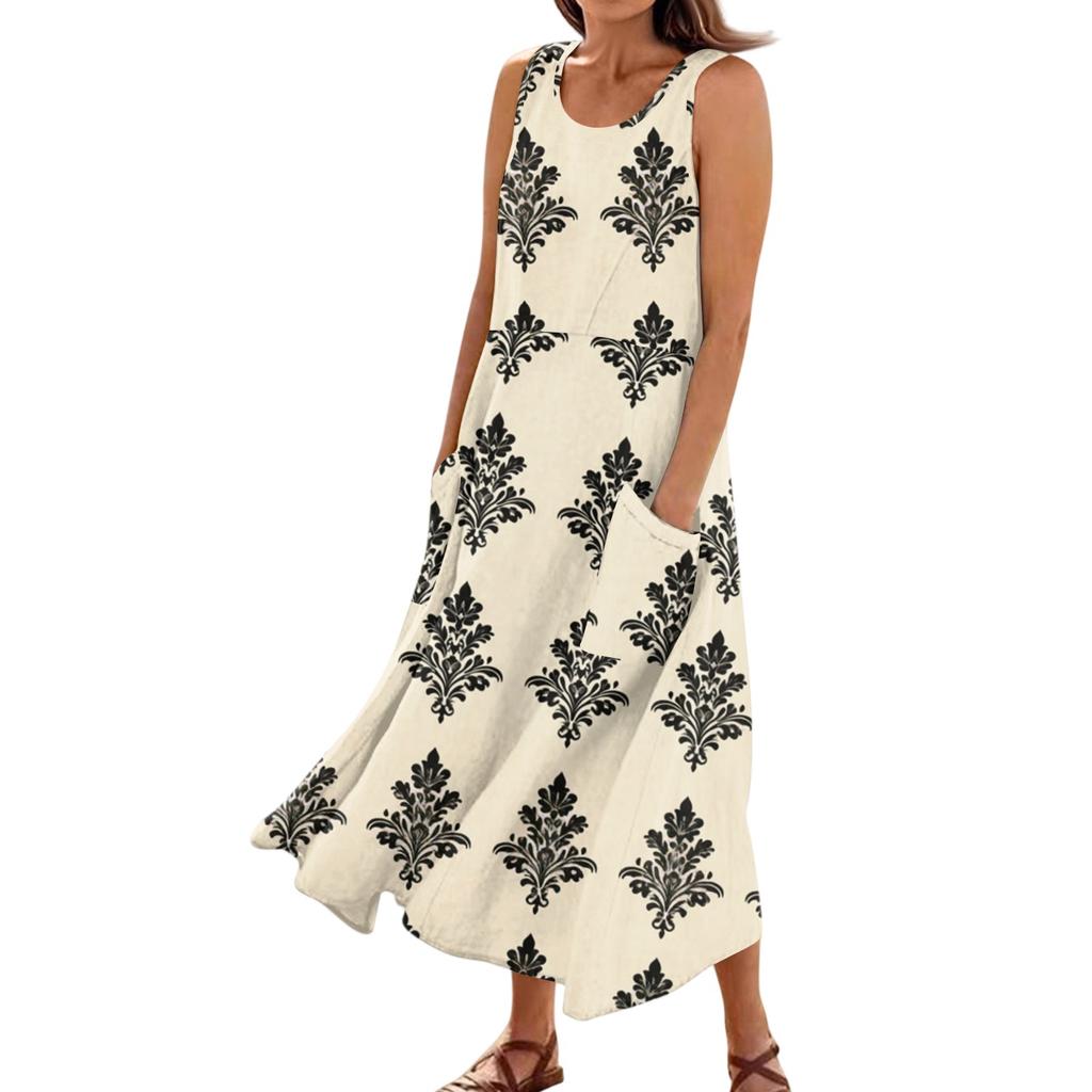 Women's Summer Casual Fashion Flower Printed Sleeveless Pocket Dress