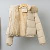 Womens Short Winter Puffer Jacket With Fur Hood Warm Cotton Coat Daily Wear