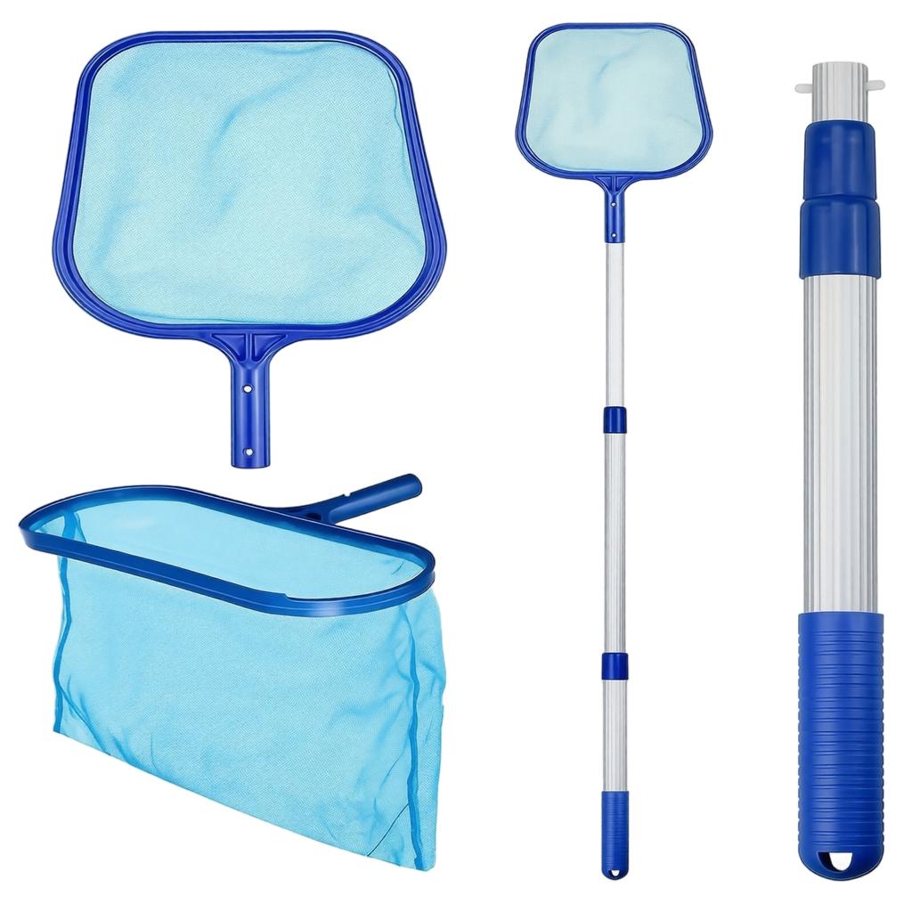 Adjustable Aluminum Pole Pool Skimmer Net Set with Fine Mesh Leaf Net and Brush for Shallow Water Pools and Baby Swimming Pools