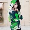 Women Plus Size Asymmetric Cutout Neck Cold Shoulder Long Sleeve Fitted Top Dark Green Golden Clover Printed
