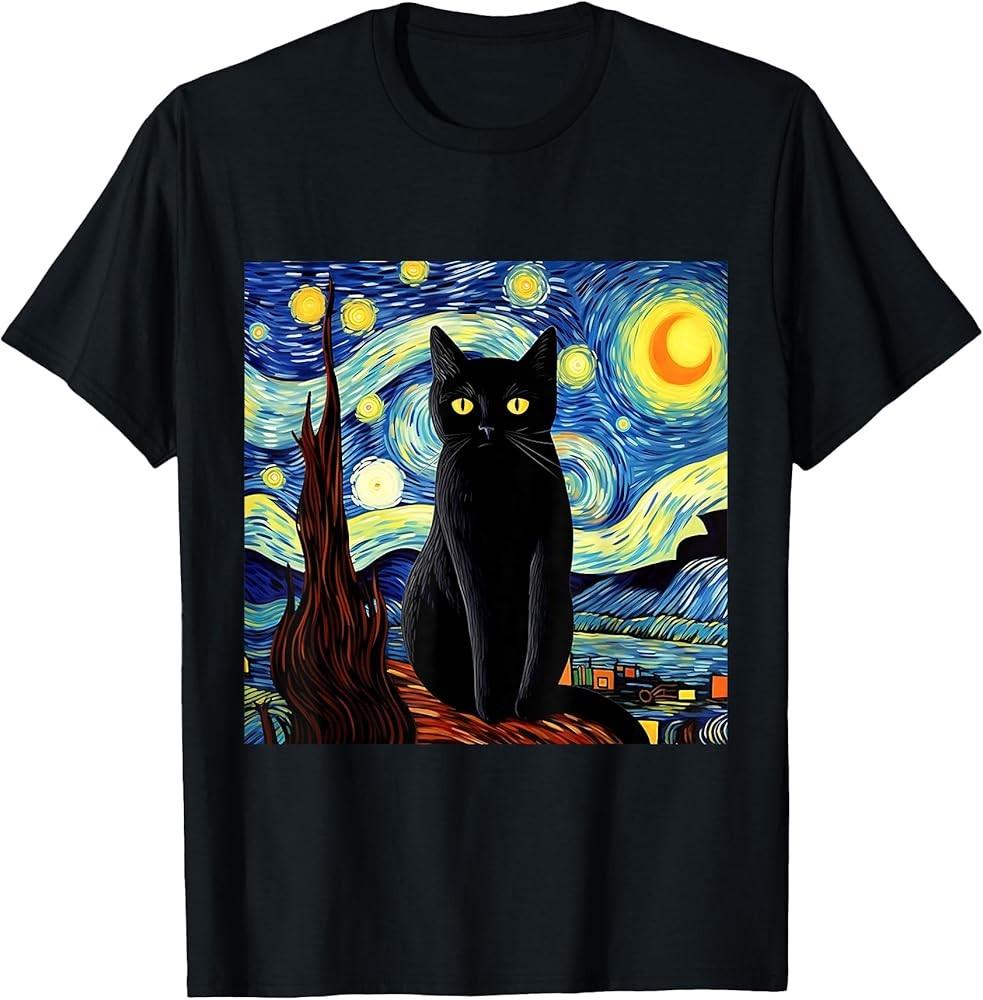 Art Funny Black Cat Painting Artist Van Gogh Starry Night TShirt Unisex T-Shirt M