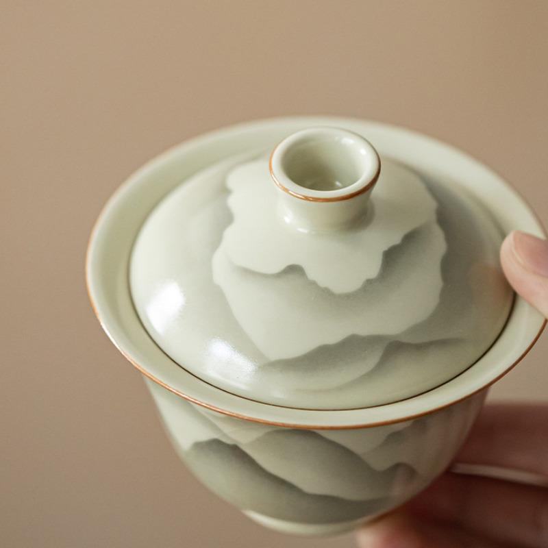 150ML Handmade Ru Kiln Porcelain Gaiwan Mountain Flower Sancai Ceramic Tea Tureen Tea Maker Cover Bowl Tea Items Supplies Gifts