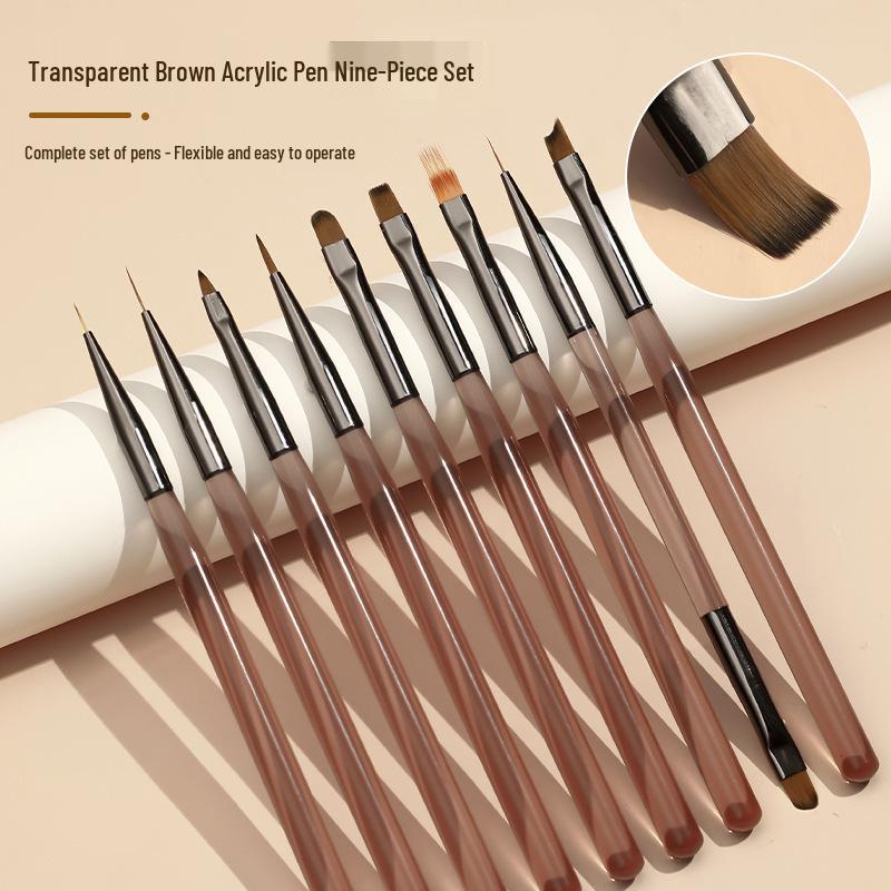 

9-Piece Japanese Nail Art Brush Set: Sweeping, Semi-Transparent Rod, Double-Ended Builder, Gel Painter, Liner, Ombre Brushes