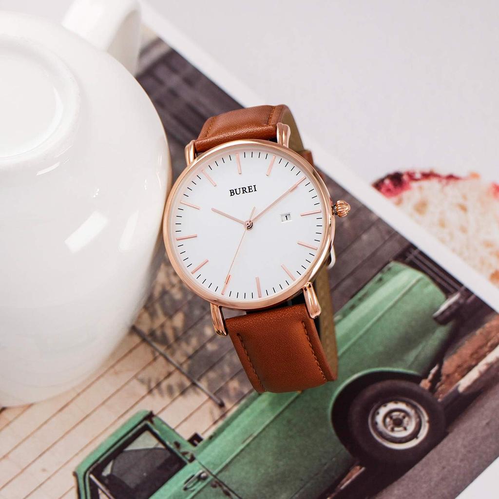 BUREI Men's Leather Analog Watch Waterproof Stylish Business Casual Wristwatch