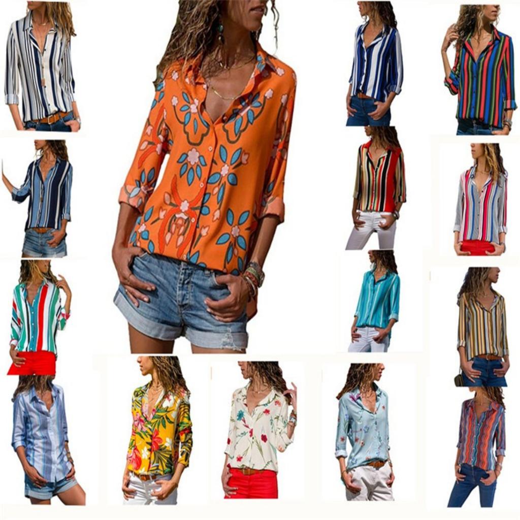 Women's Fashion V-neck Long Sleeve Printed Shirt Casual Elegant Blouse Top