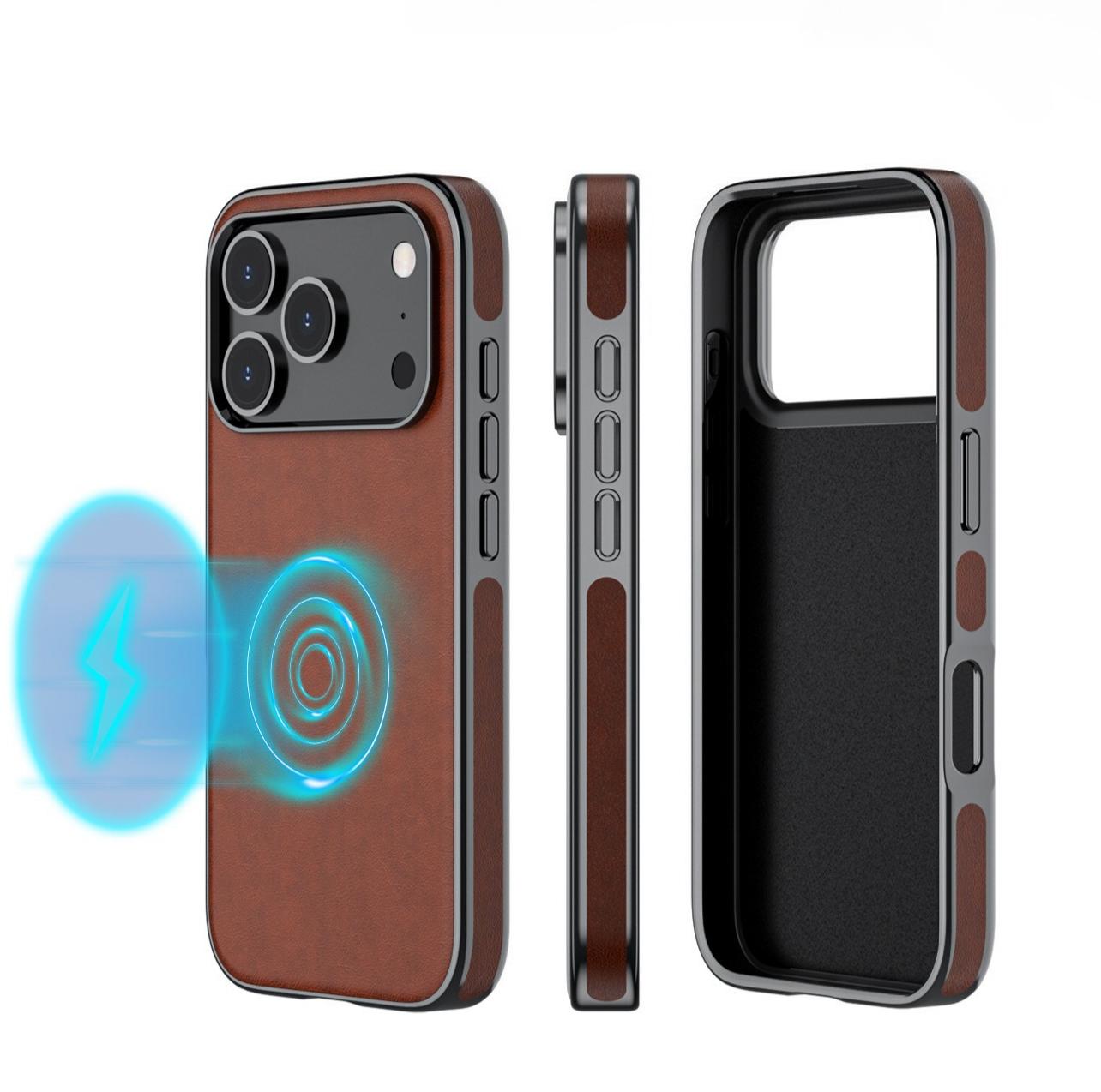 

Premium Electroplating Leather Case For iPhone 17 Pro Max 17Pro Magnetic Attraction Shockproof Mobile Phone Cover Business Style iPhone17 Pro Max коричневый