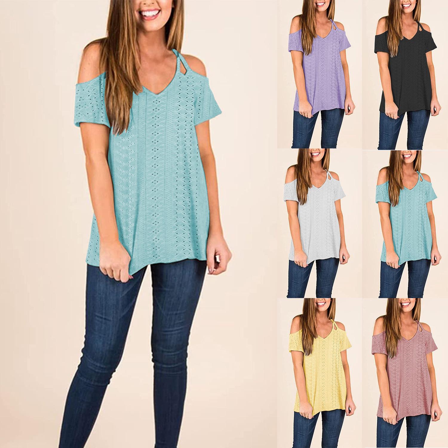 

Женская модная одежда Летние топы для женщин Повседневные футболки с короткими рукавами Кружевные рубашки с v-образным вырезом Женские блузки с открытыми плечами больших размеров S розовый