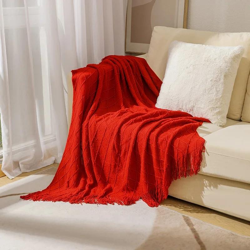 Nordic Knitted Throw Blankets with Tassels Khaki Cream Grey Vintage Blankets Luxury Bed Sofa Couch Oversized Bedspread Cover