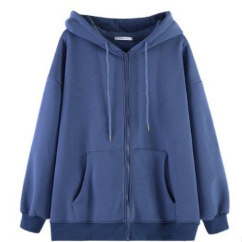 Autumn and Winter Zipper Hooded Sweatshirt Loose Cardigan Top Thickened with Fleece Solid Color Jacket