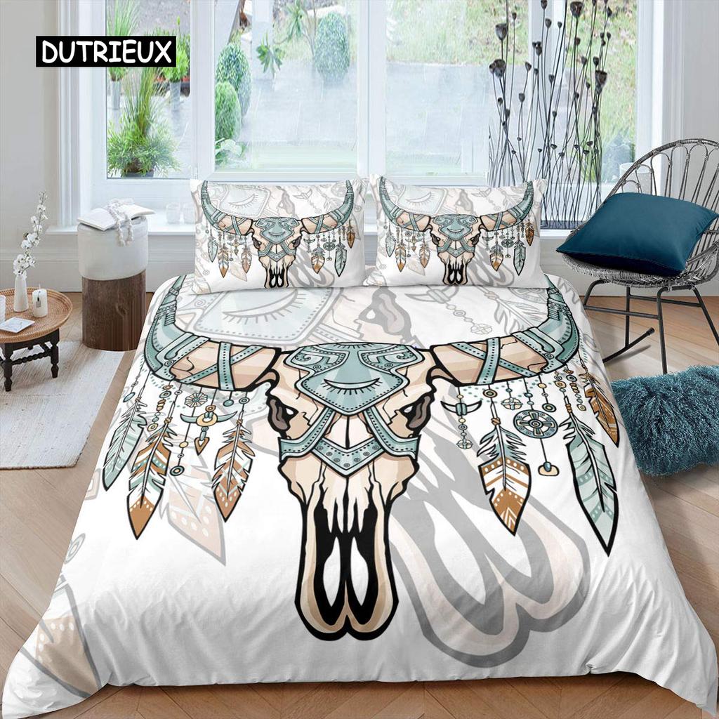 Stierschädel Bettbezug Set Boho Chic Feder Bettwäsche Set Böhmisch Exotische Zweige Blume für Teenager Mikrofaser King Steppdeckenbezug