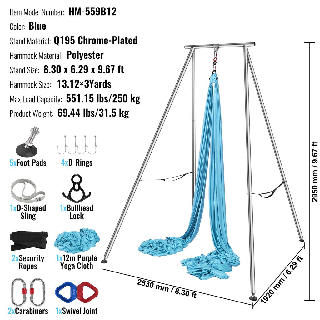 SucceBuy Aerial Yoga Frame & Hammock 9.67 ft Yoga Swing Stand W/13.1 Yards Aerial Hammock Max 551lbs Yoga Rig for Indoor Outdoor