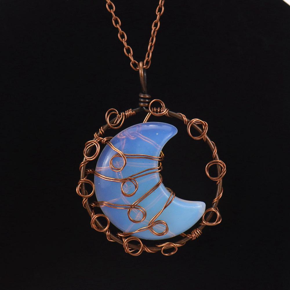 Handmade Winding Natural Crystal Agate Moon Pendant Necklace Couple Jewelry N589