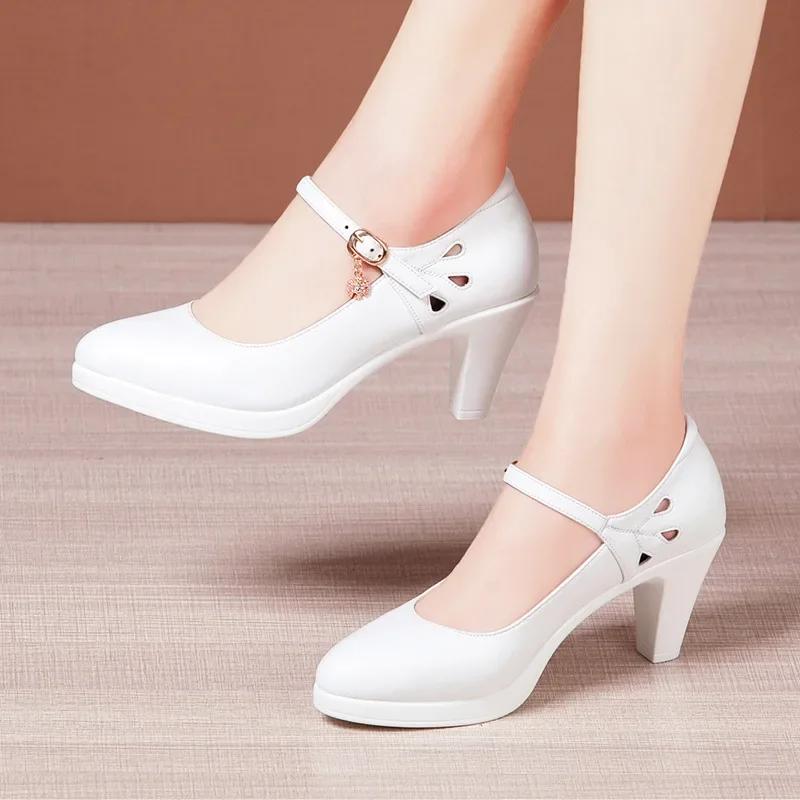 6 8 10cm Small Size 32-43 Shallolw Genuine Leather Shoes Mary Janes 2025 Fall Block High Heels Shoes Platform for Office Dress