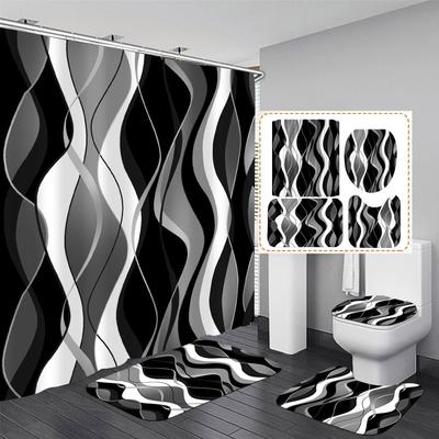 4pcs Stripe Pattern Waterproof Shower Curtain With 12 Hooks Non-Slip Bathroom Rug Toilet U-Shape Mat Toilet Lid Cover Pad