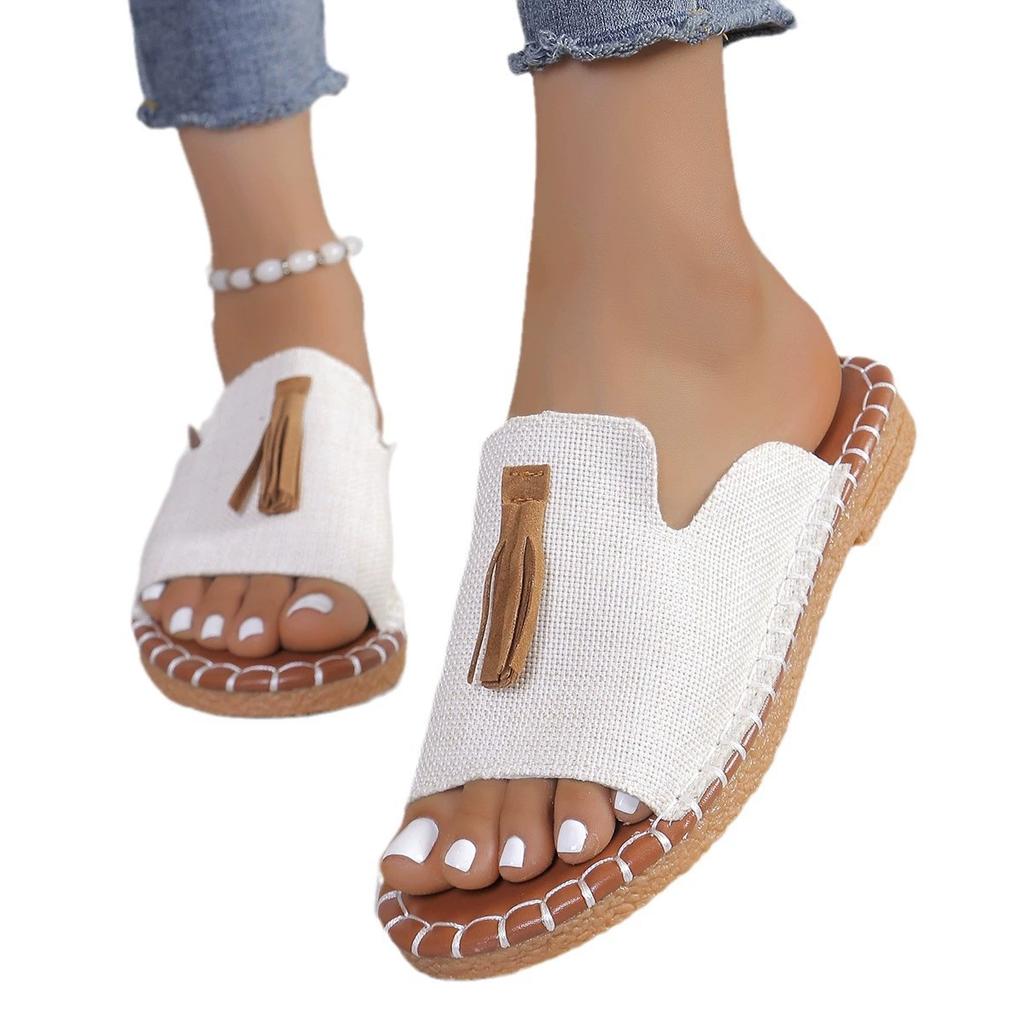 Large Size Slippers Women's Summer Tassel Fish Mouth Slippers Women's Outer Wear Flat-bottomed Casual Sandals and Slippers