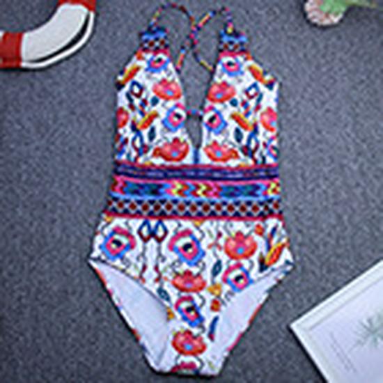 Floral Halterneck Backless Lace-up One-Piece Swimsuit for Women