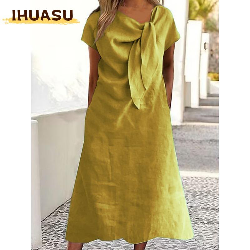 IHUASU Fashion Summer Spring Solid Color Print Short Sleeve Casual Dresses Unique Design