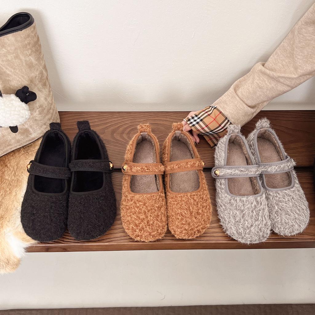 Customized autumn and winter gray velvet flat cotton shoes velvet warm French retro Mary Jane shoes