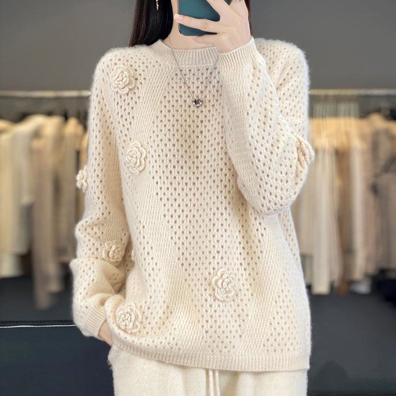 2025 Autumn/Winter Women's Thick Cashmere Hand-Knit Hollow Round Neck Long Sleeve Sweater