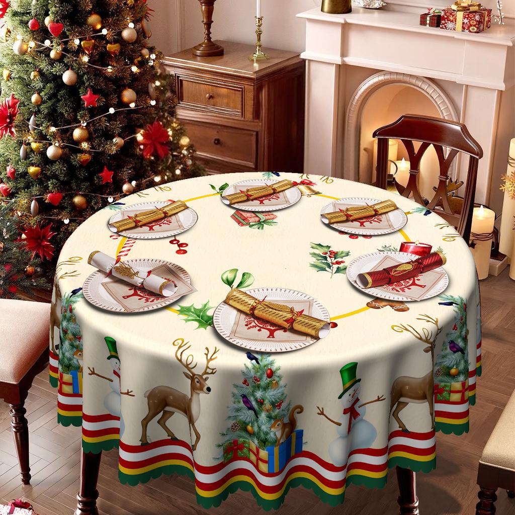 Christmas Themed Round Tablecloth Waterproof Washable, Snowman Reindeer Gift Tree Print, Indoor And Outdoor Decorative Tablecloth