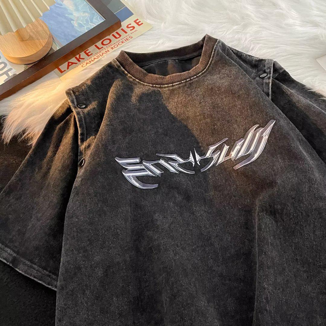 

Мужская футболка с короткими рукавами из чистого хлопка с эффектом потертости в стиле ретро - летний стиль с круглым вырезом в стиле хип-хоп 2XL чёрный