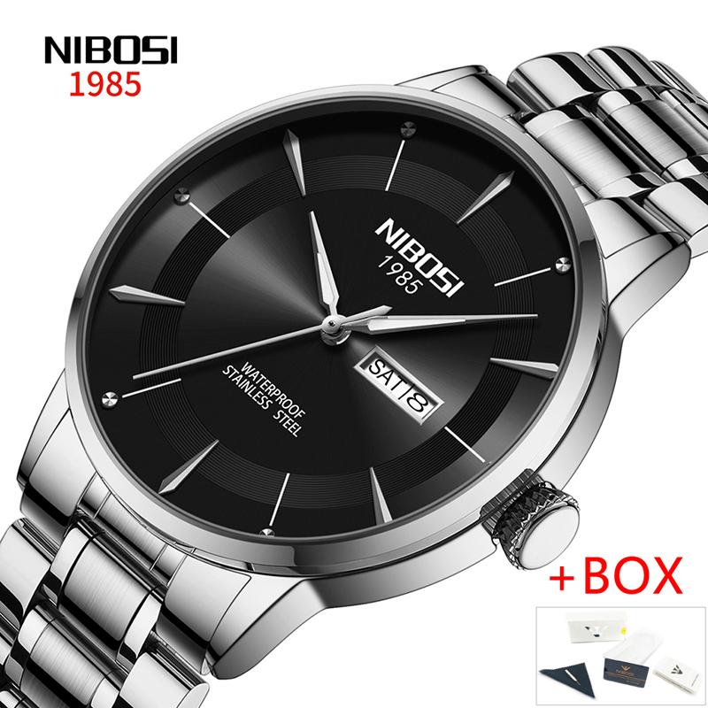 NIBOSI Fashion Quartz Watch for Men Luxury Stainless Steel Waterproof Luminous Date Week Cool Black Mens Watch Relogio Masculino