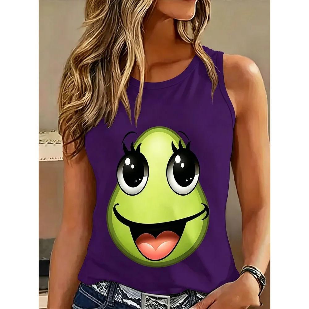 Women's Round Neck Fun Print Sleeveless Vest Summer Fashionable Comfortable Loose  Versatile Sports Leisure Vest