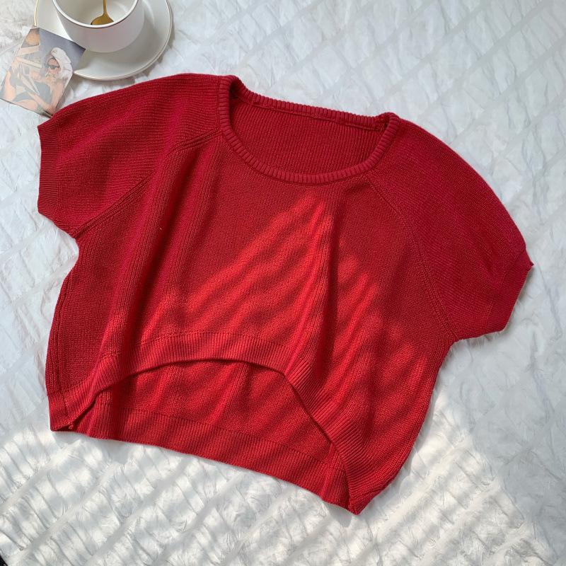Lockeres Rundhals Kurzteil Nabel Strickshirt Damen Sommer Slim Dünnes Teil Kurzarm T-Shirt Tops Lässig Essentiell Slim Fit Pullover T-Shirts