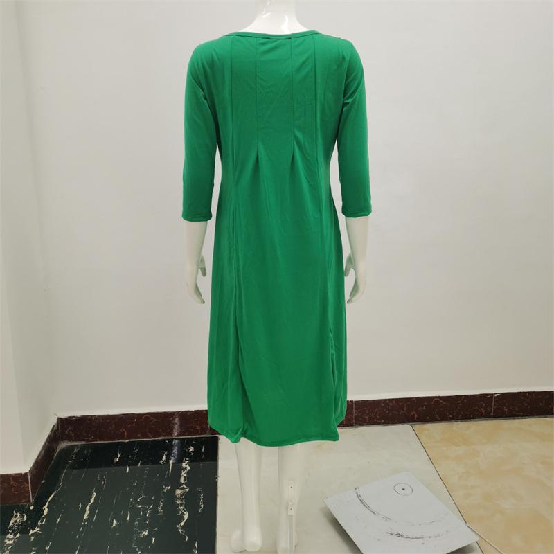 Sommerkleid für Damen, modisch, Rundhalsausschnitt, mittlere Ärmel, einfarbig, plissiert, lange Kleider