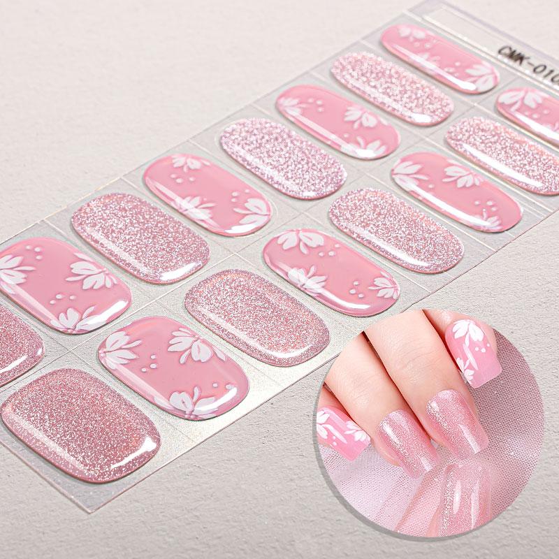 16Tips French Flowers Gel Nail Strips Long Lasting Full Cover Glitter Baking-Free Gel Nail Stickers DIY Manicure Decoration