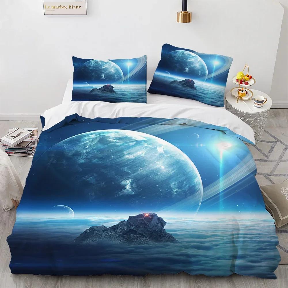 Galaxy Planet King Queen Duvet Cover Universe Sky Bedding Set 3D Blue Earth Outer Space Astronomy 2/3pcs Polyester Quilt Cover